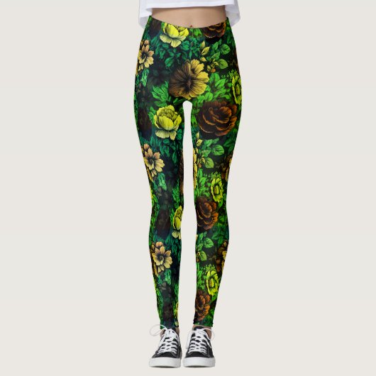 Einzigfarbige Vintage Blumendrucke Leggings (Vorderseite)