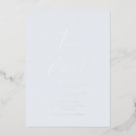 Eis Blue and Silver Foil Wedding Folieneinladung (Vorderseite)