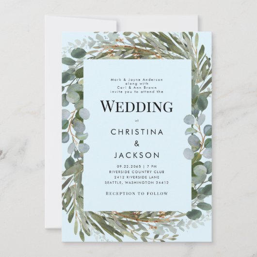 Eis Blue Eucalyptus Beide Eltern Hochzeiten Einladung (Vorderseite)