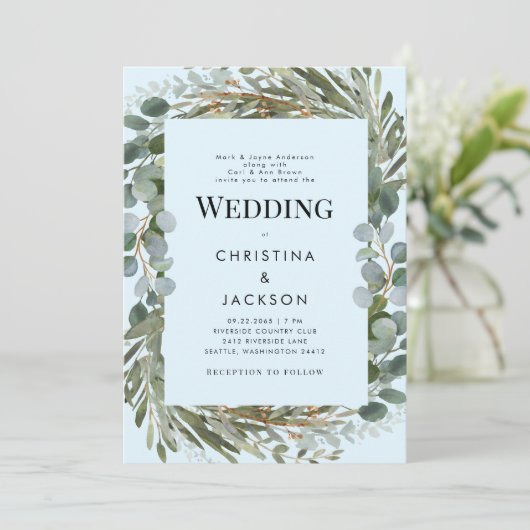 Eis Blue Eucalyptus Beide Eltern Hochzeiten Einladung (Stehend Vorderseite)