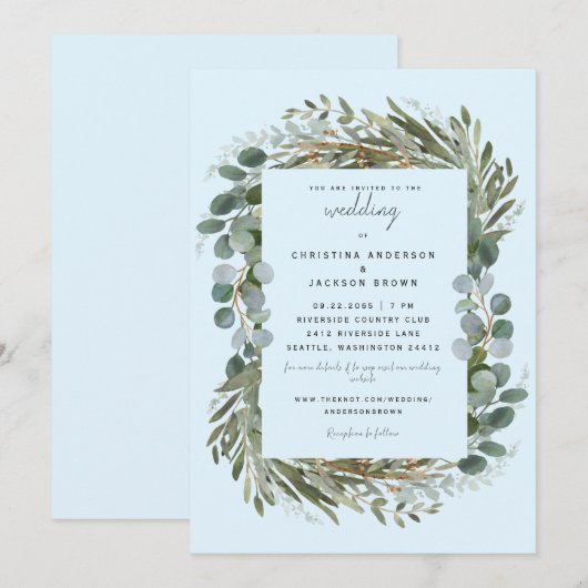 Eis Blue Eucalyptus Botanical Wedding Einladung (Vorne/Hinten)