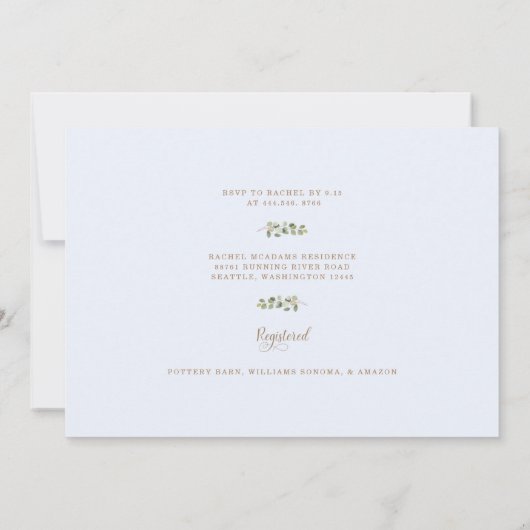 Eis Blue Eucalyptus Gold Text Brautparty Einladung (Rückseite)