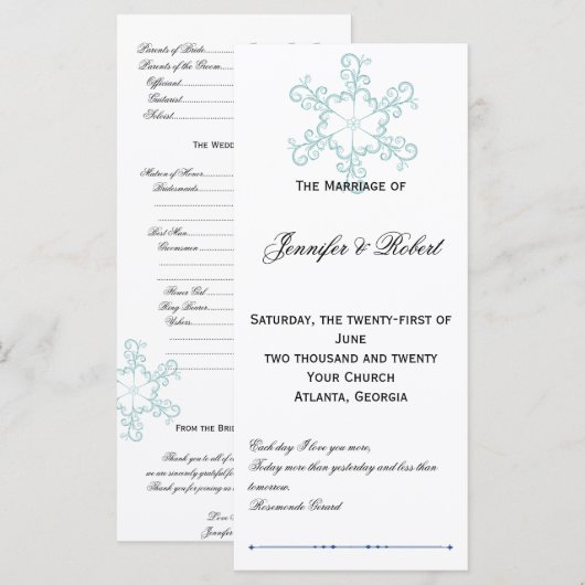 Eis Blue Heart Snowflake Wedding Programm (Vorne/Hinten)