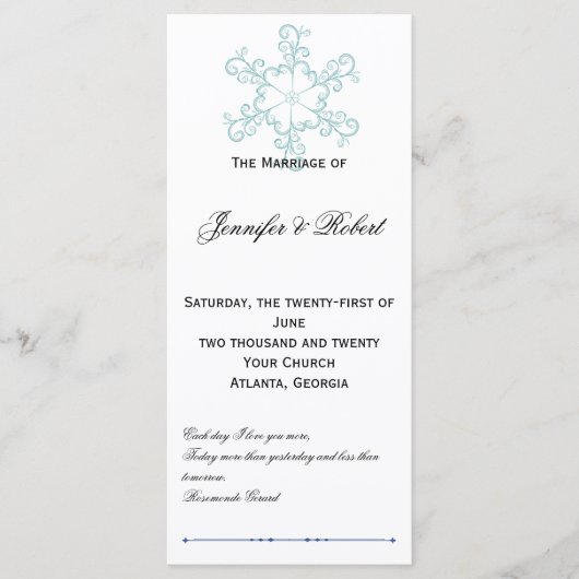 Eis Blue Heart Snowflake Wedding Programm (Vorderseite)