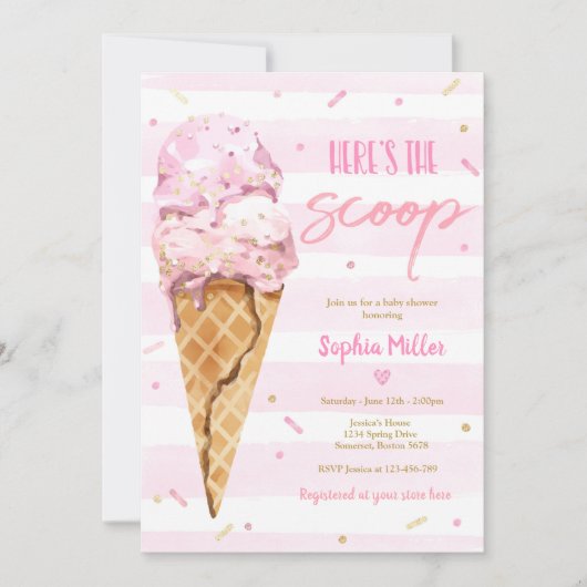 Eis Cream Baby Shower Hier ist die Scoop Baby Dusc Einladung (Vorderseite)