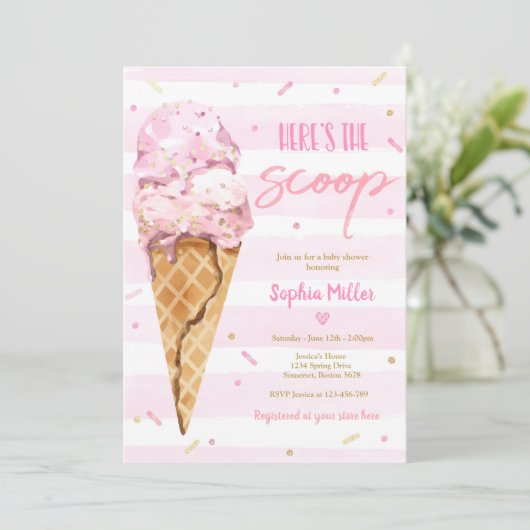 Eis Cream Baby Shower Hier ist die Scoop Baby Dusc Einladung (Stehend Vorderseite)