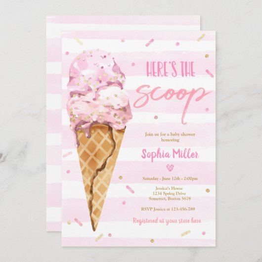 Eis Cream Baby Shower Hier ist die Scoop Baby Dusc Einladung (Vorne/Hinten)