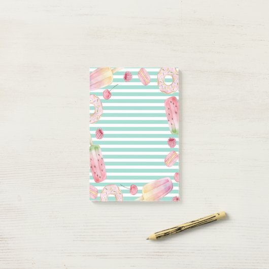 Eis, Früchte, Donuts Streifen Post-it Klebezettel (Auf Schreibtisch)