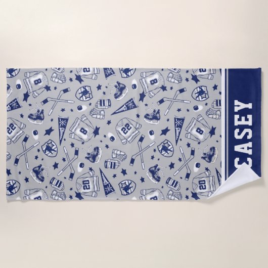 Eis-Hockey-Gang-graue Marine-weißer Kontur-Druck Strandtuch (Vorderseite)