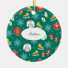 Eis-Skate Schneeflocken Aquamarine Monogramm Weihn Keramik Ornament