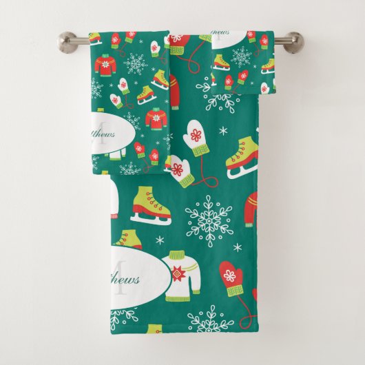 Eis Skate Schneeflocken Aquamarines Monogramm Must Badhandtuch Set (Insitu)