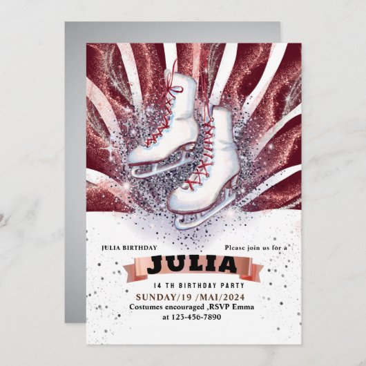 Eis Skate Skaten silber glänzend braun rot Einladung (Vorne/Hinten)