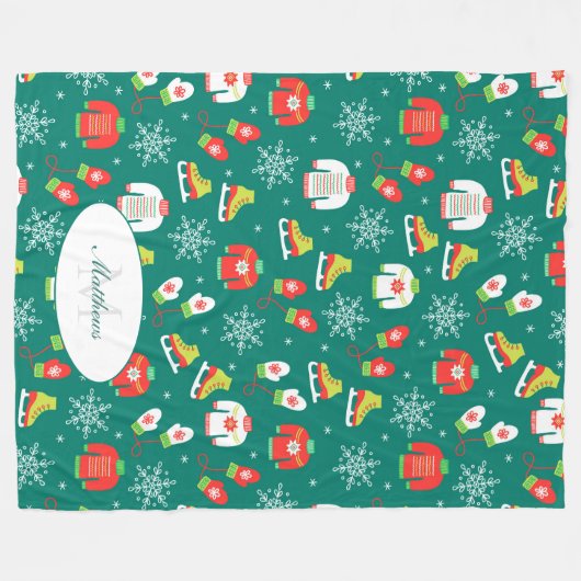 Eis-Skate und Schneeflocken-Aquamarines Monogramm- Fleecedecke (Vorderseite (Horizontal))