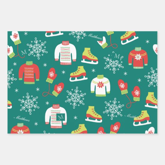 Eis-Skate und Schneeflocken-Aquamarines Monogramm- Geschenkpapier Set (Vorderseite 2)
