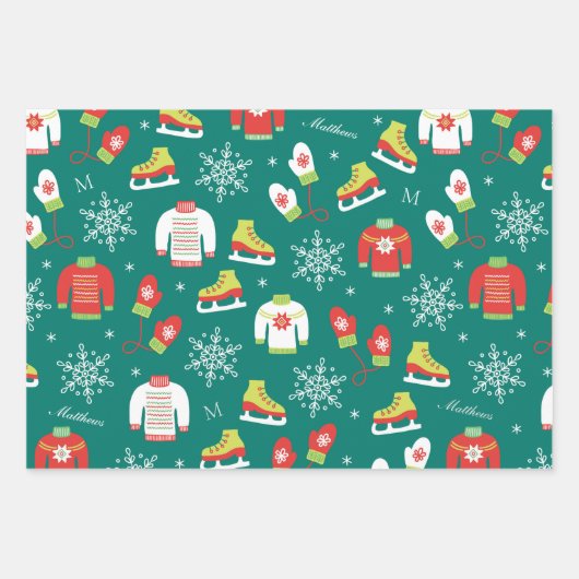 Eis-Skate und Schneeflocken-Aquamarines Monogramm- Geschenkpapier Set (Vorderseite)