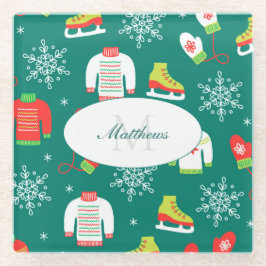 Eis-Skate und Schneeflocken-Aquamarines Monogramm- Glasuntersetzer