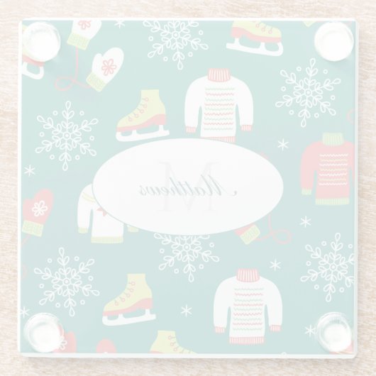 Eis-Skate und Schneeflocken-Aquamarines Monogramm- Glasuntersetzer (Rückseite)