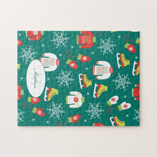 Eis-Skate und Schneeflocken-Aquamarines Monogramm- Puzzle (Horizontal)