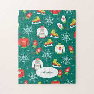 Eis-Skate und Schneeflocken-Aquamarines Monogramm- Puzzle