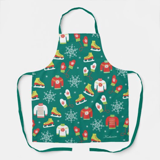 Eis-Skate und Schneeflocken Aquamarines Monogramm- Schürze (Vorderseite)