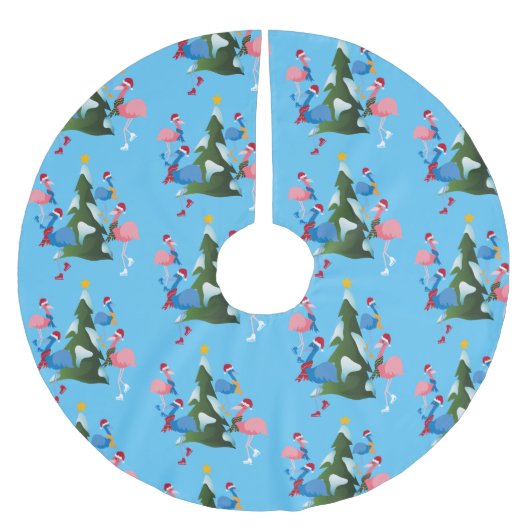 Eis Skaten Flamingos mit Weihnachtsmannmützen Polyester Weihnachtsbaumdecke (Vorderseite)