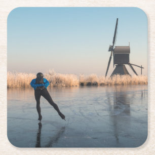 Eis-Skaten hinter Windmühle und REEDUntersetzer Rechteckiger Pappuntersetzer