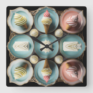 Eis und Kuchen auf Teller Quadratische Wanduhr