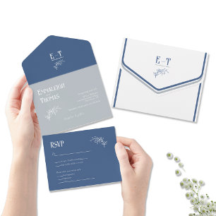 Eis- und Marineblau Einfache moderne Hochzeit All In One Einladung