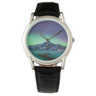 Eis und Schnee   Aurora Borealis Milky Way Island Armbanduhr