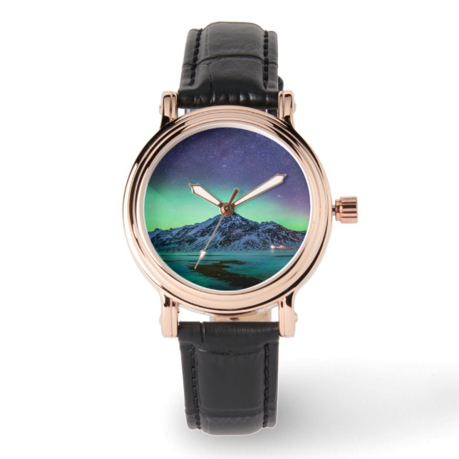 Eis und Schnee | Aurora Borealis Milky Way Island Armbanduhr (Vorderseite)