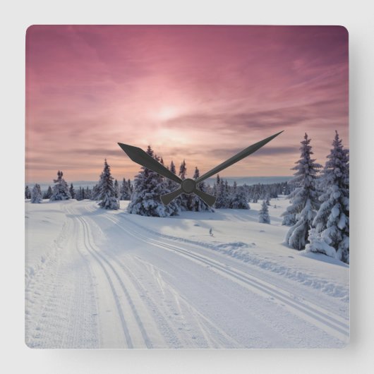 Eis und Schnee | Lillehammer, Norwegen Quadratische Wanduhr (Vorderseite)