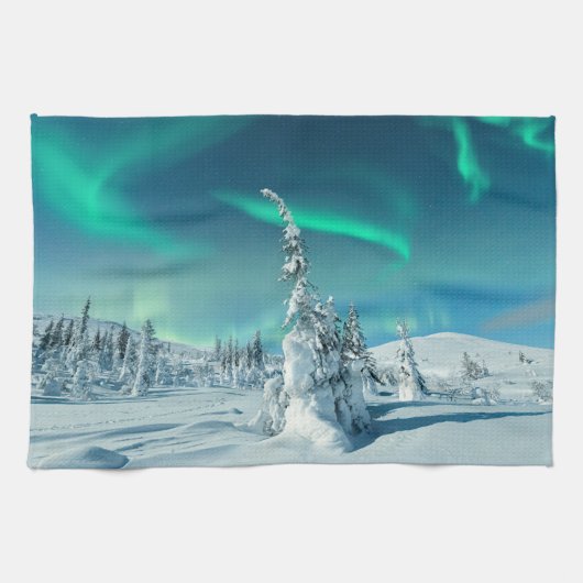 Eis und Schnee | Northern Lights, Lappland, Finnla Geschirrtuch (Horizontal)