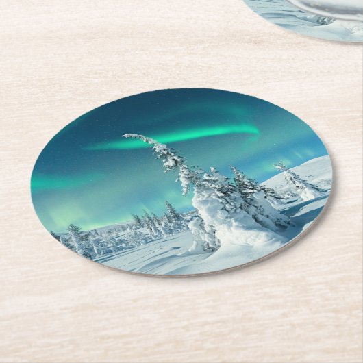 Eis und Schnee | Northern Lights, Lappland, Finnla Runder Pappuntersetzer (Angewinkelt)