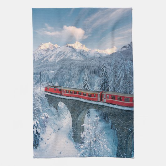 Eis und Schnee | Red Bernina Express Zug Schweiz Geschirrtuch (Vertikal)