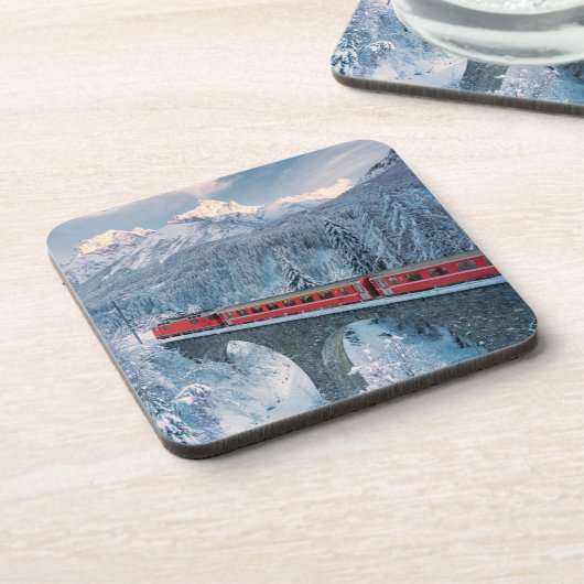 Eis und Schnee | Red Bernina Express Zug Schweiz Getränkeuntersetzer (Linke Seite)