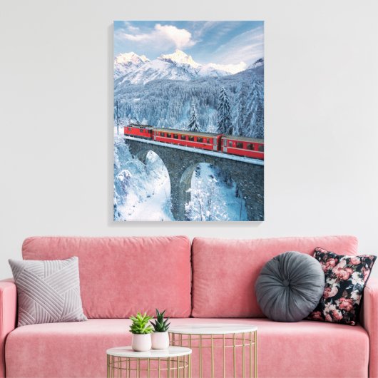 Eis und Schnee | Red Bernina Express Zug Schweiz Leinwanddruck (Insitu (Wohnzimmer))