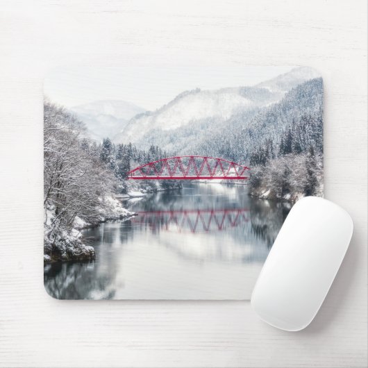 Eis und Schnee | Rote Brücke im Winter, Japan Mousepad (Mit Mouse)