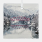 Eis und Schnee | Rote Brücke im Winter, Japan Ornament Aus Glas (Rückseite)