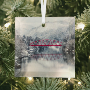 Eis und Schnee   Rote Brücke im Winter, Japan Ornament Aus Glas