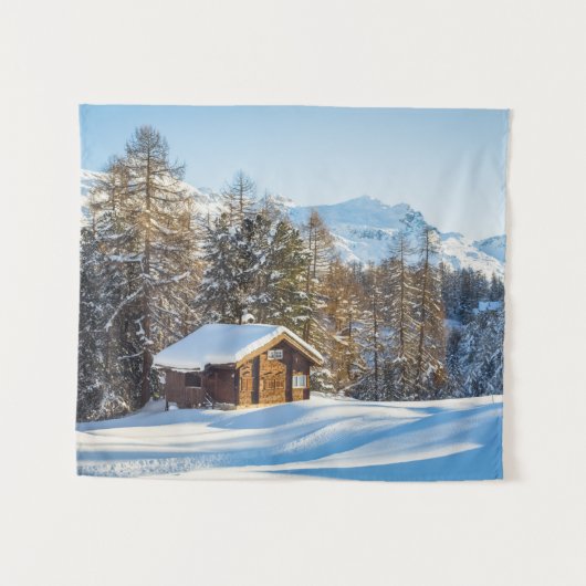 Eis und Schnee | Winterlogmelkabine Schweizer Alpe Wandteppich (Vorderseite (Horizontal))