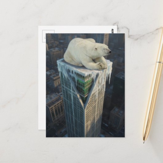Eisbär auf Wolkenkratzer schmilzt Eis Surreal Postkarte (Vorderseite/Rückseite Beispiel)