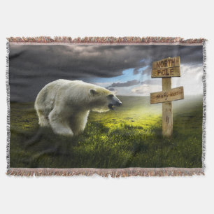 Eisbär, der auf das hölzerne Schild Nordpol schaut Decke