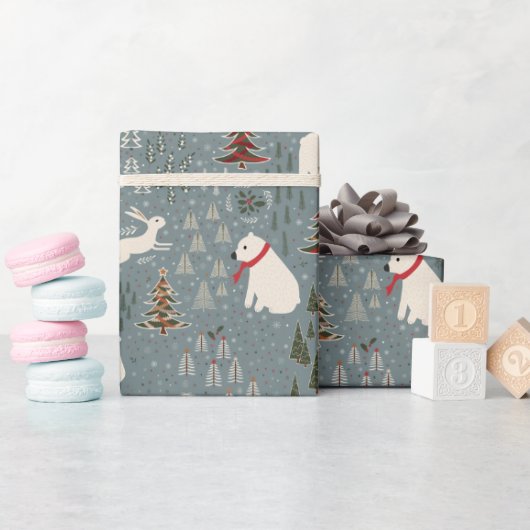 Eisbär der Weihnachtstiere auf blaugrau Geschenkpapier (Babyparty)