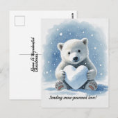 Eisbär im Schnee mit herzförmigem Schneeball Postkarte (Vorne/Hinten)