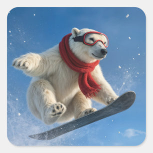 Eisbär in der Luft auf einem Snowboard Quadratischer Aufkleber
