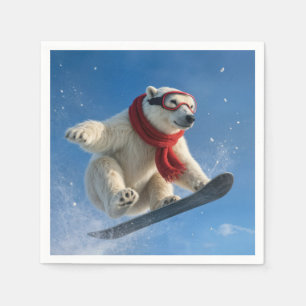 Eisbär in der Luft auf einem Snowboard Serviette