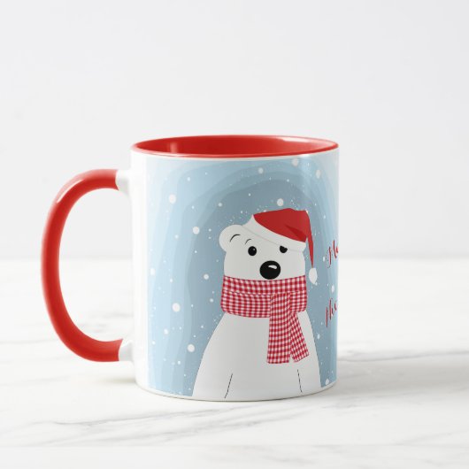 Eisbär in der Weihnachtsmannmütze, personalisiert Tasse (Links)