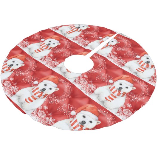 Eisbär in einer Sankt-Kappe - Weiß der Polyester Weihnachtsbaumdecke (Schrägansicht)