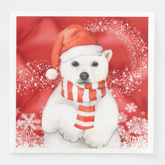 Eisbär in einer santa cap - Schneeflocken w weiß Serviette
