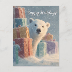 Eisbär lugt hinter einem Stapel Geschenken hervor Feiertagspostkarte